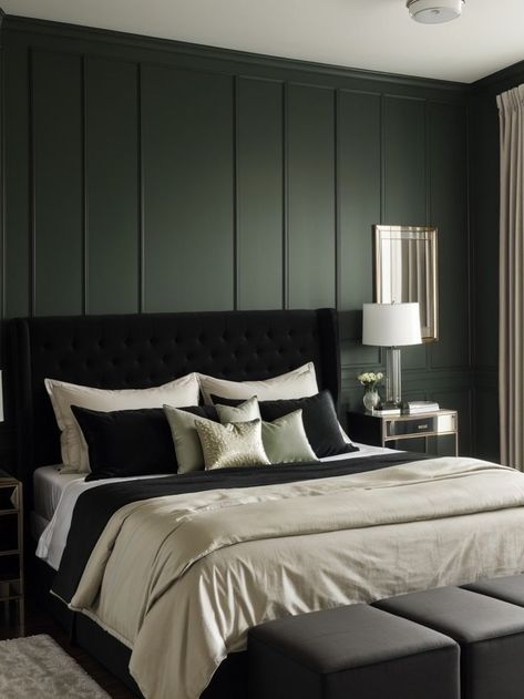 Black Bedroom Accent Wall, Green Black Bedroom, Dark Green Accent Wall, Green Accent Wall, Bedroom Accent Wall, Green Accent Walls, House Redesign, Black Bedroom Furniture, Bedroom Ambiance