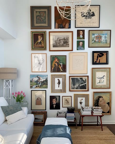 Gallery Wall Antique And Modern, Messy Gallery Wall, Loft Gallery Wall, Thrifted Wall Art, Art For Large Wall, Gallery Wall Eclectic, Vertical Gallery Wall, Eclectic Art Wall, Antique Gallery Wall