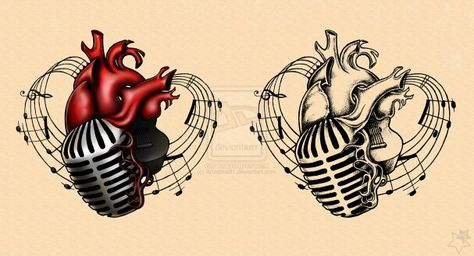 Mic music heart tattoo design Music Heart Tattoo, Graffiti Tutorial, Microphone Tattoo, Dilated Pupils, Adam Gontier, Brain Tattoo, Fineliner Art, Band Tattoos, Music Heart