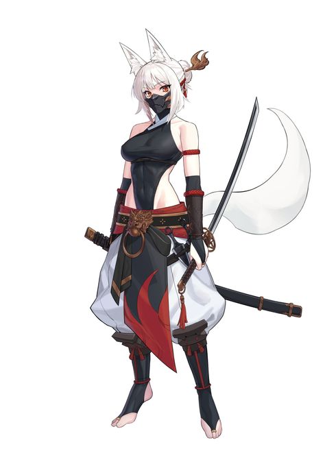 Ninja Oc Girl, Kunoichi Character Design, Tail Art Reference, Female Kitsune Character Design, Fox Girl Character Design, Anime Ninja Female, Female Ninja Art, Kitsune Dnd, Female Samurai Character Art