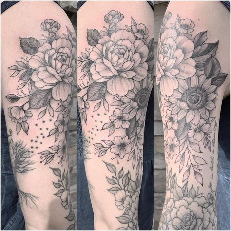 Peonies And Sunflowers Tattoo, Magnolia And Sunflower Tattoo, Peony Sunflower Tattoo, Peony And Sunflower Tattoo, Gladiolas Tattoo, Peony Flower Tattoos, Left Arm Tattoos, Empire Tattoo, Daisy Tattoo