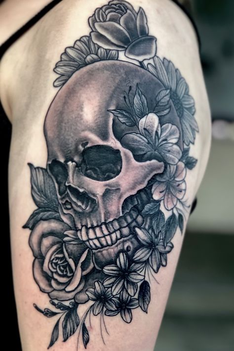 Skull and floral tattoo | By Daniel Gutierrez | Done at iron electric | Feb 22nd 2020 | 1307533 Rose And Skull Tattoo For Women, Skull And Floral Tattoo, Skull Lovers Tattoos, Skull Shoulder Tattoo, Skull With Flowers Tattoo, Daniel Gutierrez, Feminine Skull Tattoos, Blade Tattoo, Skull Rose Tattoos