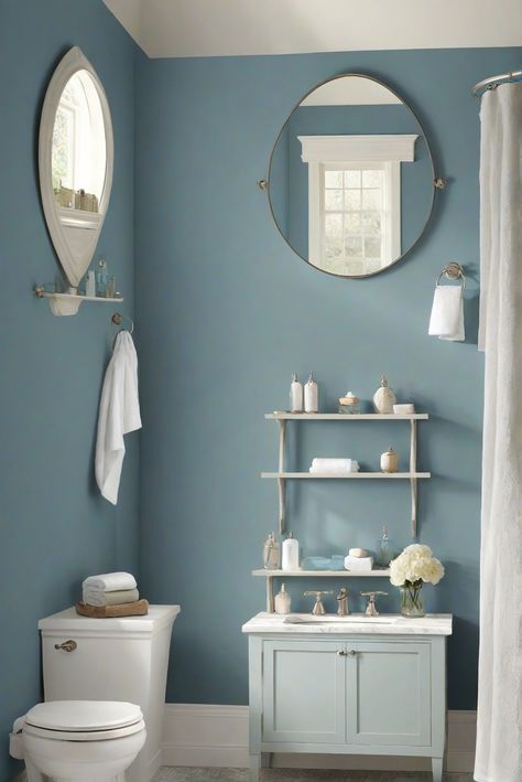 home decor interior design, interior bedroom design, designer wall paint, home paint colors Bathroom Wall Paint Colors, Bathroom With Blue Walls, Blue Bathroom Paint, Energy Colors, Blue Bathroom Walls, Eclectic Bathroom Design, Paint Guide, Blue Painted Walls, Solid Wood Kitchen Cabinets