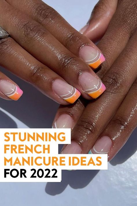 Trendy French Manicure 2022, Fall French Nails 2022, Fun Nail Tip Designs, White Nails With Color Tips, Gel French Manicure Color, Gel French Manicure Designs, Cool French Nails, French Manicure Designs For Short Nails, Clear Gel Nails Designs