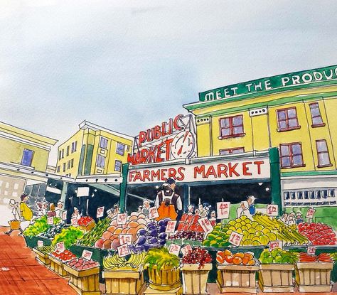 Market Sketch with License | por penartist7 Market Place Illustration, Market Place Drawing, Market Sketch, Market Drawing, Urban Drawing, Urban Watercolor, Travel Sketching, Food Art Painting, Urban Sketches