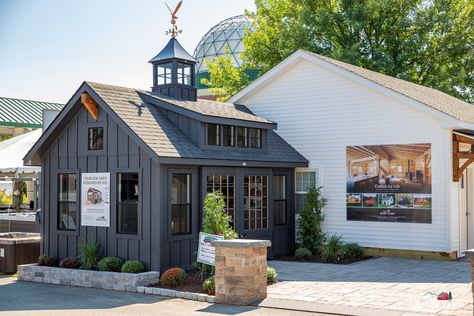 Shed In Front Of House, Black Carriage House, Cupola On Shed, Backyard Farmhouse Ideas, Modern Farmhouse Shed, House With Cupola, Farmhouse Garden Landscaping, Farmhouse Carriage House, Farmhouse Shed