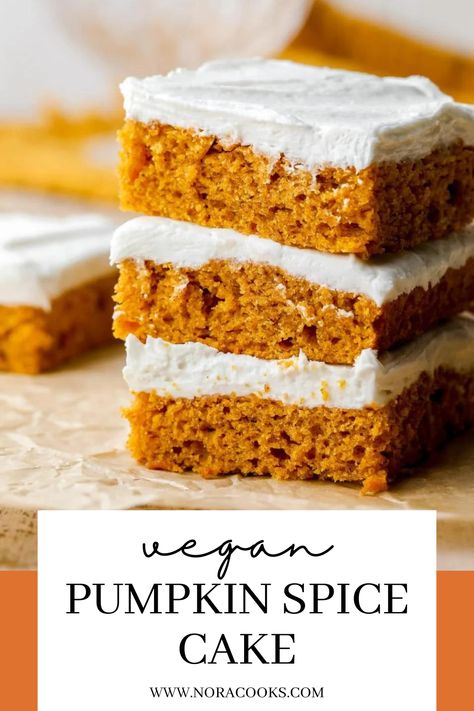 This vegan Pumpkin Spice Cake is delightful seasonal treat. This easy vegan pumpkin cake is extra fluffy and topped with vegan cream cheese icing. With the warm, comforting spices of fall, it's the perfect dessert for cozy gatherings or a special weeknight sweet. It's a great vegan baked treat for a crowd. Pumpkin Cake Bars, Vegan Pumpkin Cake, Vegan Cream Cheese Icing, Vegan Pies Recipes, Vegan Pumpkin Cookies, Nora Cooks, Pumpkin Sheet Cake, Vegan Pumpkin Spice, Easy Puddings