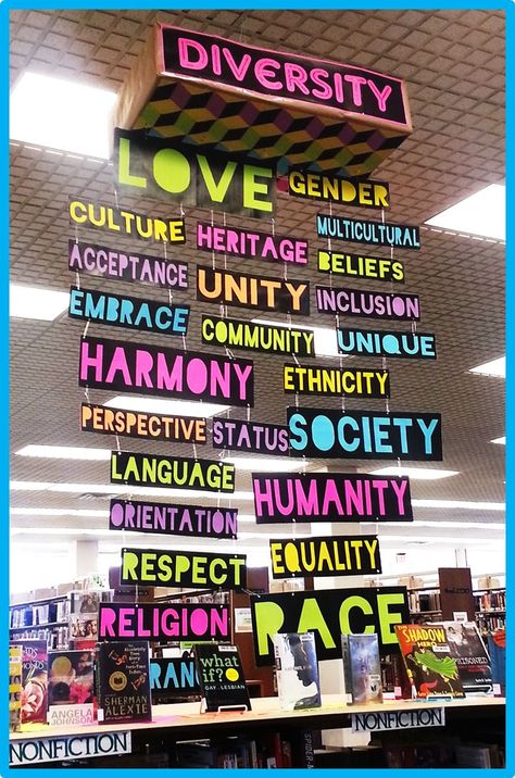 We are so pumped about our Diversity in YA Books display! Diversity Display, Diversity Bulletin Board, Diversity Activities, School Library Displays, Teen Library, Harmony Day, Library Book Displays, Equality And Diversity, High School Library