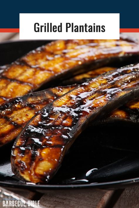 Grilled Plantains - Serve these glazed grilled plantains with Tangerine Teriyaki Chicken, from Steven Raichlen's Project Fire, Episode 211: Chino-Latino. #sidedish #grilling #bbq Grilled Plantains, Steven Raichlen, Plantain Recipes, Pellet Grill Recipes, Summer Grilling Recipes, Juicy Steak, Bbq Sauce Recipe, Summer Grilling, Teriyaki Chicken