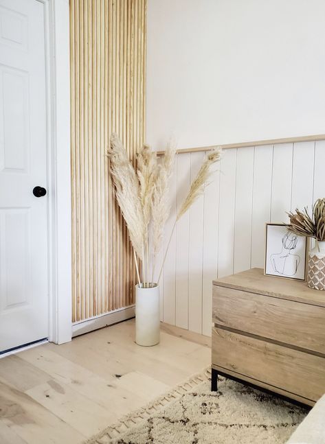 Half wall shiplap with a picture ledge aside  this amazing DIY wood slat wall! These special details come together to create a calm, neutral master bedroom. Wood Slat Accent Wall, Diy Wood Slat Wall, Slat Accent Wall, Wood Slat Wall, Bedroom Corner, Multi Dimensional, Slat Wall, Ship Lap Walls, Wood Slats