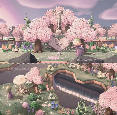 Acnh Scenery, Acnh Tips, Fairy Island, Town Inspiration, Cottagecore Animal Crossing, Cottagecore Pink, Pink Island, Animals Crossing, Acnh Designs