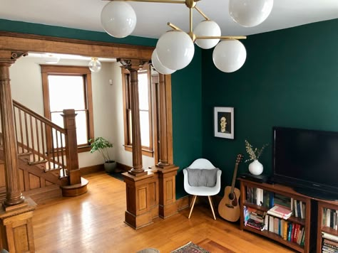 A Victorian House from the 1880s Is Now a Jewel-Toned Modern Gem | Apartment Therapy Green Paint Wood Trim, 1890s House Interior, Early 1900's Homes Interiors, Victorian Modern House, 1900 Interior, 1880s House, Modern Victorian House, Modern Victorian Decor, Craftsman Interior Design