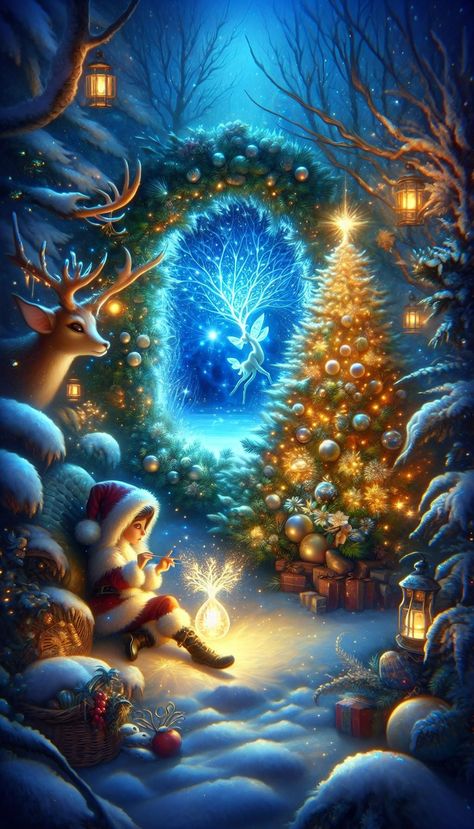 A magical winter scene featuring a girl in a Santa outfit, a deer, a glowing tree, and a whimsical fairy, surrounded by snow and gifts. Merry Christmas Fantasy Art, Christmas Fantasy Art, Glowing Tree, Winter Whimsy, Whimsical Fairy, Magical Winter, Santa Outfit, Santa Helper, A Deer