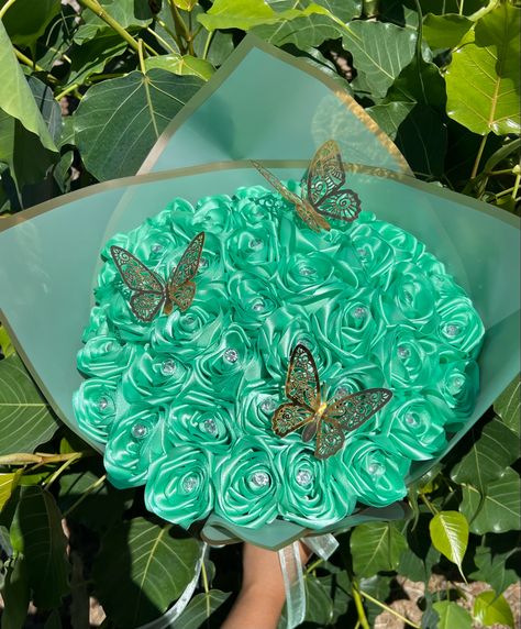 Eternal Flower Bouquet, Butterflies On Flowers, Ribbon Rose Bouquet, Cupcake Flower Bouquets, Ribbon Rose Bouquets, Roses Bouquet Gift, Ribbon Flowers Bouquet, Mint Green Flowers, Flower Boquet