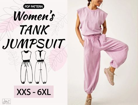 SEWING PATTERN: Women's Tank Jumpsuit Pattern|Women's Romper Pattern|Overall pattern|Relaxed fit|Loose trousers|PDF A4|Instant download|XXS-6XL *THIS IS A DIGITAL SEWING PATTERN ONLY*  Download file included with -Instruction file -PDF pattern file (A4 / Letter size) < SIZE > XXS - 6XL Choose your size based on your measurement or compare with your garment already has.  How to Print PDF Patterns Tutorial: https://youtu.be/Kl2saYFxijM PDF's are compatible with US letter or A4 paper.  ----- Thank Women Romper Pattern, Jumpsuit Sewing Pattern, Jumpsuit Sewing, Overall Pattern, Romper Sewing Pattern, Jumpsuit Pattern Sewing, Art Sewing, Tank Jumpsuit, Romper Pattern