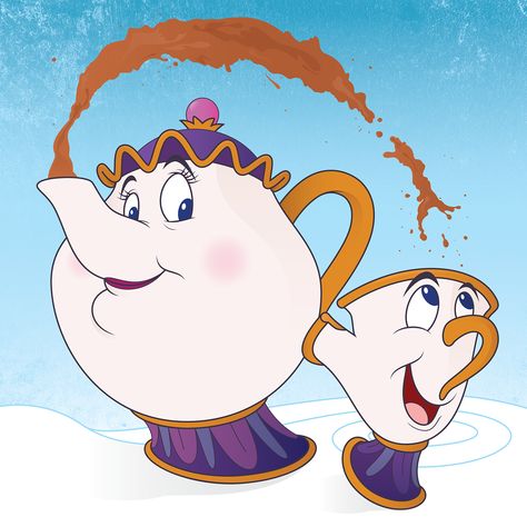 #10daysofdisney Mrs. Potts & Chip Mrs Potts Wallpaper, Mrs Potts Drawing, Chip And Miss Potts Tattoo, Mrs Potts And Chip Drawings, Mrs Potts And Chip, Cup Tattoo, Disney Illustration, Belle Beauty And The Beast, Disney Background