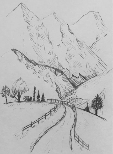 mountains sketch Art Sketches Of Nature, Easy Sketch Practice, Simple Drawing To Draw, Drawings Ideas Landscape, Drawing Ideas Easy Mountains, Mountain Path Drawing, Drawings Scenic, Aesthetic Mountain Drawing, Drawing Ideas Landscape Easy