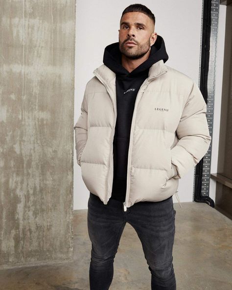 Mens White Puffer Jacket Outfit, Cream Puffer Jacket Outfit Men, Beige Puffer Jacket Outfit Men, Puff Jacket Outfit Men, White Puffer Jacket Outfit Men, Puffy Jacket Outfit Men, Black Down Jacket Outfit, Buffer Jacket Outfit, Puffer Vest Outfit Men