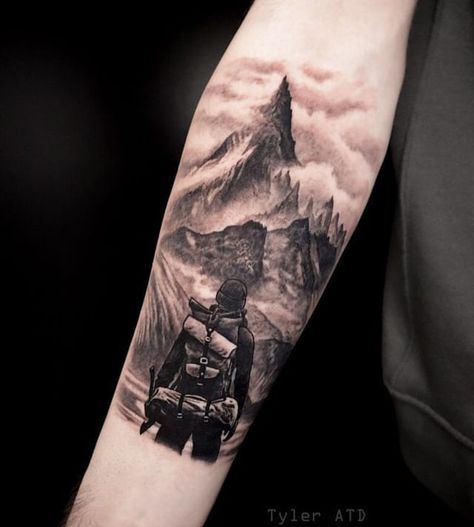 Mountains And Forest Tattoo, Hiking Sleeve Tattoo, Mountain Tattoo Realistic, Mountain Hiking Tattoo, Black And Grey Nature Tattoos, Immigration Tattoo, Hiking Tattoo Ideas, Hiker Tattoo, Sebastian Tattoo