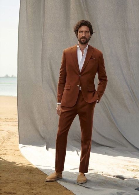 Suit For Groom, Suit For Men Wedding, Suit Prom, Orange Suit, Mens Wedding Attire, Mens Wedding Suits, Groom Wedding Attire, Brown Suit, Man Suit