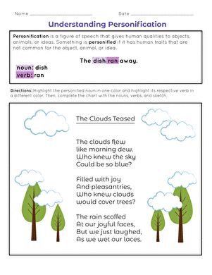 Figurative language is a great way to make your writing more interesting! Use this worksheet to help your students talk about personification in a fun poem. They will practice identifying the noun that is personified and its respective verb.#educationdotcom Personification Worksheet, Personification Poems, Metaphor Activities, Worksheets Grade 2, Writing Lesson Plans, Short Passage, 5th Grade Reading, 4th Grade Reading, 3rd Grade Reading