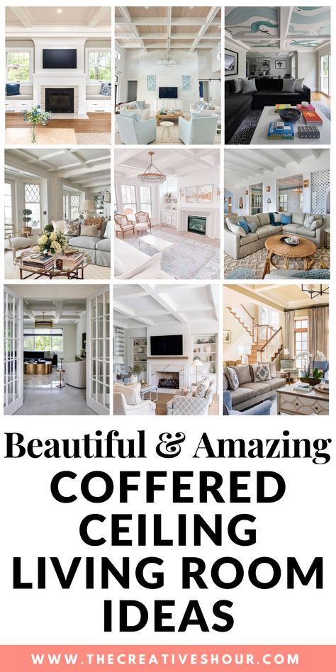 25 Charming Coffered Ceiling Living Room Ideas You Should See Coffered Ceiling Ideas Living Room Wood, Coffered Ceiling Chandelier, Uneven Vaulted Ceiling Living Room, Coffered Ceiling Lighting Ideas, White Shiplap Ceiling Living Room, Box Ceiling Ideas, Ceiling Molding Ideas Living Room, Ceiling Details Design, High Ceiling Decorating Living Room