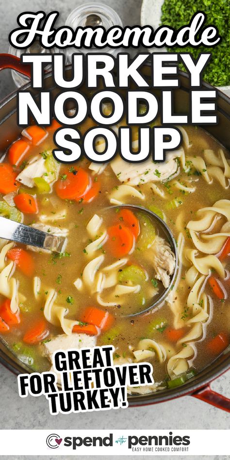 The most flavorful turkey soup is made from scratch with leftover turkey! We love serving a bowl of this warm & hearty soup with fresh buns or crackers. This classic soup is perfect for those chilly winter days. It only takes 25 minutes to make, which means it’s perfect for a quick weeknight meal. #turkeynoodlesoup #homemadeturkeysoup #soup #spendwithpennies Turkey Manhattan Recipe, Turkey Manhattan, Turkey Injector Recipe, Homemade Turkey Noodle Soup, Turkey Meatball Recipes, Fresh Buns, Turkey Soup From Carcass, Homemade Turkey Soup, Manhattan Recipe