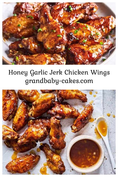 Honey Old Bay Wings Air Fryer, Honey Glazed Jerk Chicken, Baked Honey Jerk Wings, Grilled Jerk Chicken Wings, Honey Jerk Chicken Wings, Honey Garlic Jerk Chicken Wings, Honey Jerk Wings, Honey Jerk Chicken, Jerk Chicken Wings Recipe