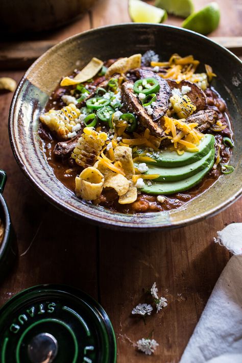 Crockpot Carne Asada Beer Chili | halfbakedharvest.com @hbharvest Crockpot Carne Asada, Baked Potato Wedges Recipe, Chili Crockpot, Beer Chili, Potato Wedges Recipe, Tomato Recipe, Tailgating Recipes, Hearty Meal, Half Baked