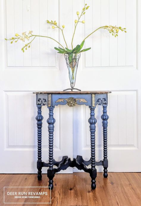 Check out our full tutorial on this beauty! Refinished End Tables, Half Moon Table, Old Beauty, Paint Glaze, Moon Table, Kitchen Cabinets And Countertops, Weathered Paint, Gold Applique, Chalk Paint Projects