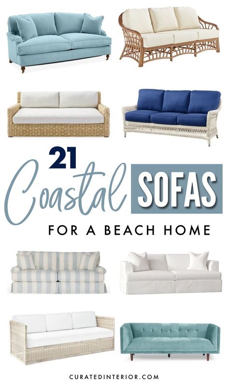 Coastal sofas come in many different materials, shapes and sizes. From rattan to wicker to wood, there are so many different options when it comes to choosing the right sofa for your beach home. Certain materials have a nautical vibe to them, while others can give a tropical feel to your living room. It all depends on your taste, style and budget. Couch Inspiration, Dream Couch, Coastal Sofa, Couch Designs, Light Blue Sofa, Beach Sofa, Living Room Vibes, Outdoor Couches, Velvet Sofas