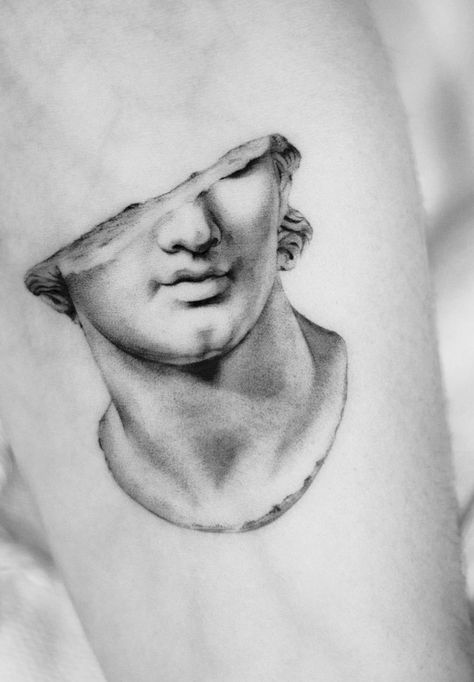 Broken statue of youth tattoo done by @youngtatsyou in New York | www.otziapp.com Apollo Tattoos, Broken Sculpture, Sculpture Tattoo, Apollo Tattoo, David Tattoo, Roman Tattoo, Statue Tattoo, Circle Tattoos, Mythology Tattoos