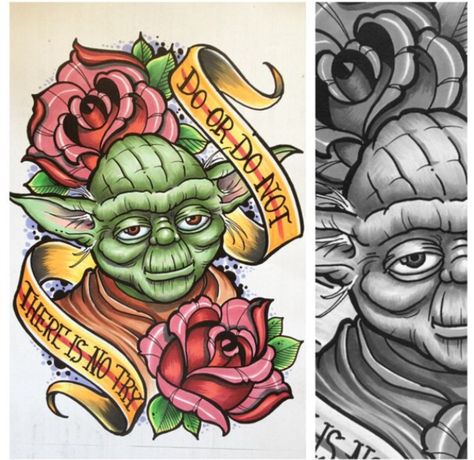 Yoda tattoo Yoda Tattoo, Yoda Drawing, Tattoo Star, Tattoo Lettering Styles, Drawing Stars, May The Fourth Be With You, Star Wars Quotes, May The Fourth, Old School Tattoo Designs