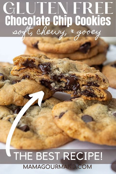 The Best Gluten Free Chocolate Chip Cookies recipe has a simple trick to make the most soft, chewy, and gooey cookies! Whip up an easy, homemade batch in no time and bite into the ultimate gluten free cookies that will make all your baking dreams true! #glutenfree #chocolatechipcookies #best #soft #chewy #dairyfree Gluten Free Chocolate Chip Cookies Recipe, Mamagourmand Recipes, Allergy Recipes, Baked Donut, Gf Cookies, Best Gluten Free Desserts, Healthy Cookie, Gluten Free Cookie Recipes, Gooey Cookies