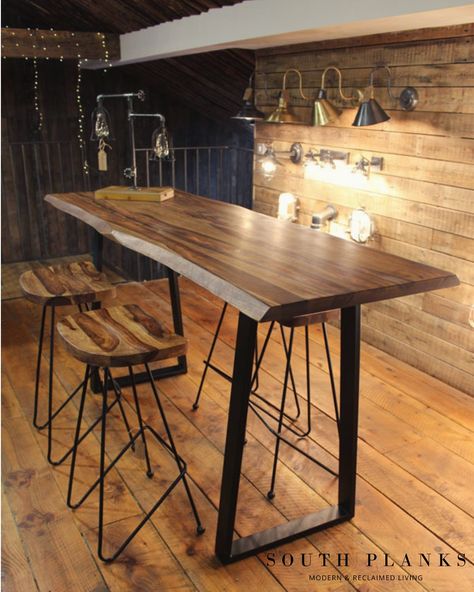 This live edge table, made from sheesham wood and iron, makes a great high top breakfast bar! It can be yours for just £769.00 or buy the table it's own for £430.00 and stools at £105.00 each.  Come to the showroom and have a look! . . . . #southplanks #modernreclaimed #timber #modernrustic #interiors #interiordesign #lighting #industrial #idustrialinteriors #woodsupplier #timbersupplier  #interiordesignideas #uniqueinteriors #upcycling  #rusticinteriors #homedecor #rusticdecor #industrialdecor High Top Bar Table, High Top Dining Table, High Top Table Kitchen, Bar Top Tables, Live Edge Bar, Live Edge Wood Table, Wooden Bar Table, High Bar Table, Bar Height Dining Table