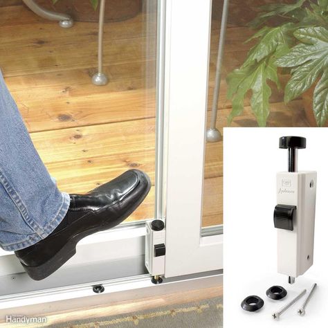 Patio door locks are easy to pick. Placing a heavy-duty stick in the door track will bar the door closed, but it looks crude and it's inconvenient to remove every time you want to open the door. Fortunately, there's a better way to get the security you need. Andersen Corp.'s auxiliary foot lock (andersenwindows.com) fastens along the bottom of the door and has a bolt that fits into a grommet to hold the door secure. A similar lock, the Door Guardian (thedoorguardian.com) attaches at the top of t Patio Door Locks, Burglar Proof, Door Security, Home Security Tips, Wooden Garage, Diy Home Security, Wireless Home Security Systems, Wireless Home Security, Sliding Patio Doors