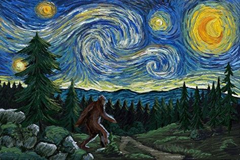 Van Gogh Starry Night - Bigfoot Art Print Poster Birch Wood Wall, Pie Grande, Wood Postcard, Hang Art, Stationery Printing, Mount Rainier National Park, Large Framed Prints, Outdoor Stickers, Starry Night Van Gogh