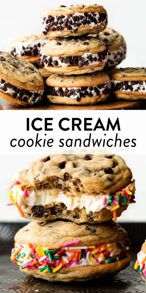 These cookie ice cream sandwiches use a quick no-chill cookie dough recipe that produces soft cookies perfect for freezing. Nothing beats this classic summer treat! #cookies #icecream #summer #sprinkles Diy Ice Cream Sandwiches, Cookie Ice Cream Sandwiches, Homemade Ice Cream Sandwiches, Ice Cream Sandwiches Recipe, Cookie Dough Recipe, Cookie Ice Cream, 2023 Recipes, Soft Cookies, Cookie Sandwiches