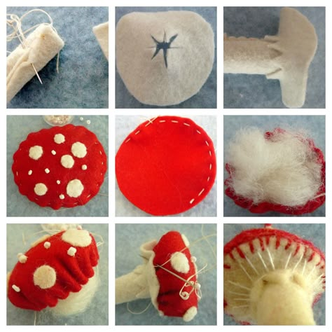 Voorbeeld hoe paddestoel te maken (helaas geen toegang tot uitgebreidere beschrijving) Sewn Mushroom Pattern, Felt Mushroom, Mushroom Crafts, Felt Food, Creation Couture, Soft Sculpture, Felt Toys, Peg Dolls, Felt Ornaments