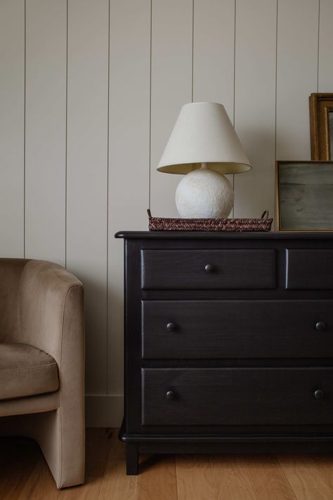 Dark Drawers Bedroom, Black Antique Bedroom, Amber Lewis Paint Colors, Mixing Black And Wood Furniture, Amber Lewis Bedroom, Warm White Walls, Amber Interiors Bedroom, Moody Bedroom Design, Black Dresser Bedroom