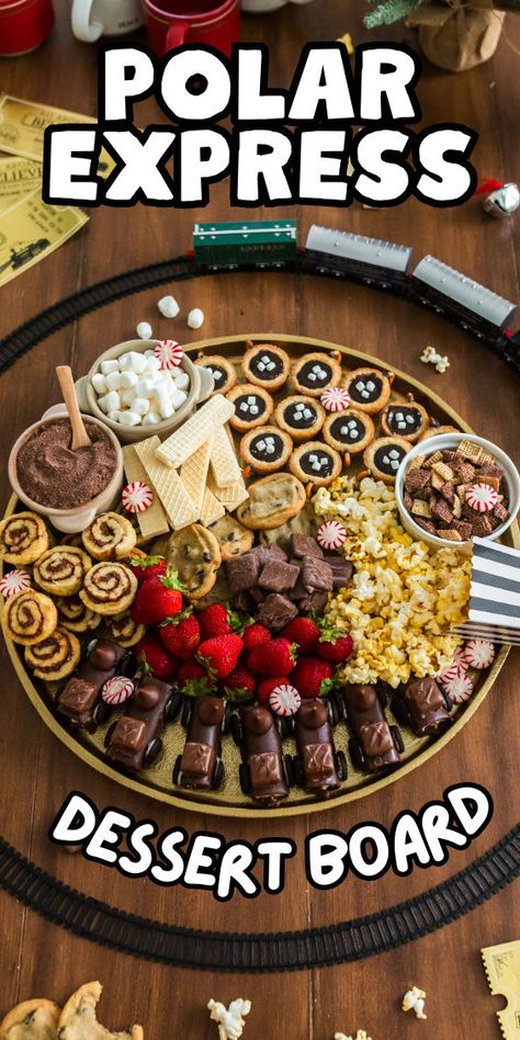 Dessert board - fun Polar Express themed Polar Express Movie Night, Christmas Dessert Board, Sweet Charcuterie Board, Hot Chocolate Charcuterie Board, Hot Chocolate Charcuterie, Sweet Charcuterie, Chocolate Charcuterie Board, Chocolate Charcuterie, Polar Express Movie