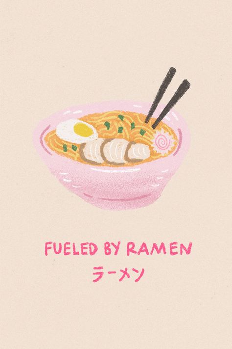 Fueled By Ramen Pink Print, Ramen Noodle Art, Preppy Japanese Food Poster, Food Art Illustration Ramen Painting Easy, Ramen Art Cute, Ramen Drawing Simple, Ramen Wallpaper Aesthetic, Ramen Noodle Drawing, Ramen Watercolor, Ramen Painting, Kitchen Prints Art, Dumpling Illustration