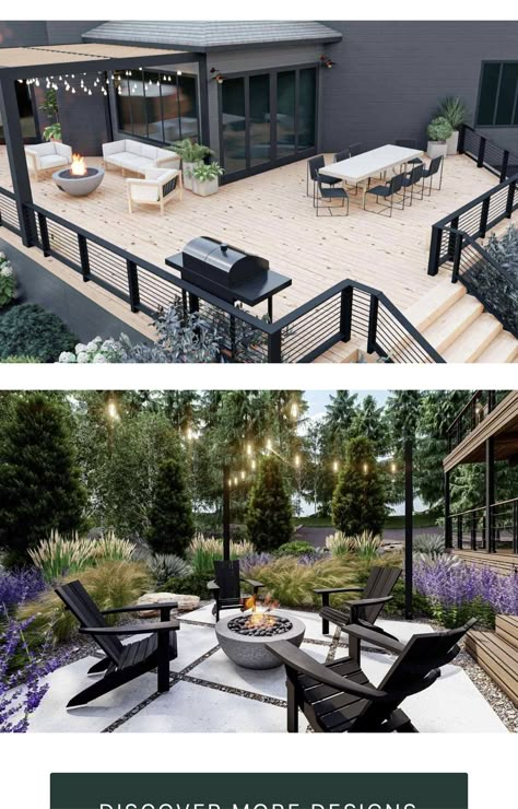 U Shaped Deck Ideas, Wood Deck With Black Accents, Modern Deck Decor, Deck Off Back Of House Patio, Patio And Deck Combo, Deck Ideas Off Back Of House, Deck Designs Layout, Large Front Deck, Large Backyard Deck