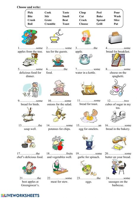 Verbs Words, Cooking Verbs Worksheet, Procedure Text, Cooking Verbs, Action Verbs Worksheet, Verbs For Kids, Basic English Grammar Book, Verbs Activities, Verb Words