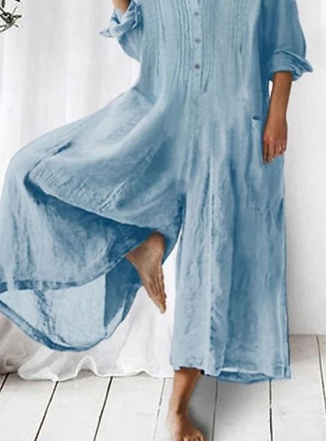 Stand Neck, Jumpsuit Casual, Linen Jumpsuit, Solid Color Shirt, Jumpsuit With Sleeves, Casual Jumpsuit, Type Of Pants, Cozy Fashion, Playsuit