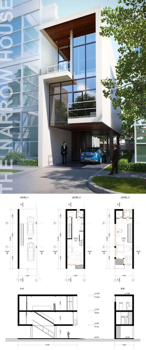 Narrow House Plans, Narrow House, Architecture Exterior, Facade Design, Modern Exterior, Architectural Inspiration, Facade House, Architecture Plan, Small House Design