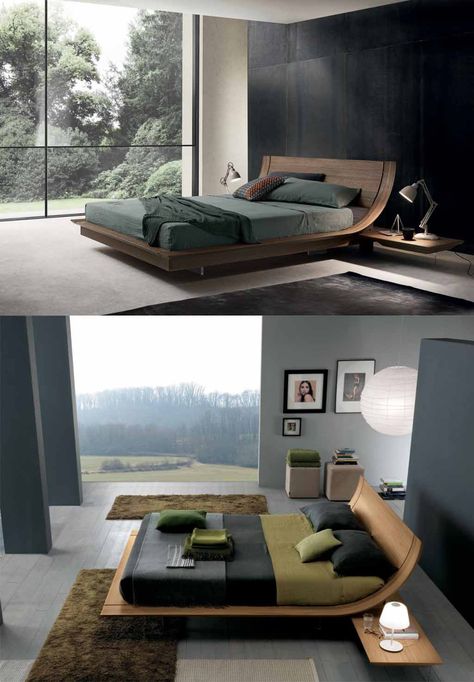 Curved Wood Bed, Plywood Bed Design Modern, Low Height Bed Design, Plywood Bed Design, Green Sofa Interior, Velvet Sofa Living Room Ideas, Plywood Bed Designs, Green Velvet Sofa Living Room, Unusual Beds