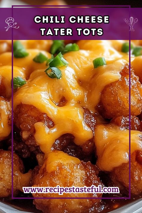 Chili Cheese Tater Tots are the ultimate comfort food, combining crispy tater tots topped with a hearty chili made from ground beef, spices, and finished with melted cheddar cheese. Perfect for game day or a cozy family dinner! Tator Tot Recipe, Chili Cheese Tater Tots, Cheese Tater Tots, Beef Spices, Tater Tot Recipes, Hearty Chili, Baked Fries, Tater Tots, Gooey Cheese