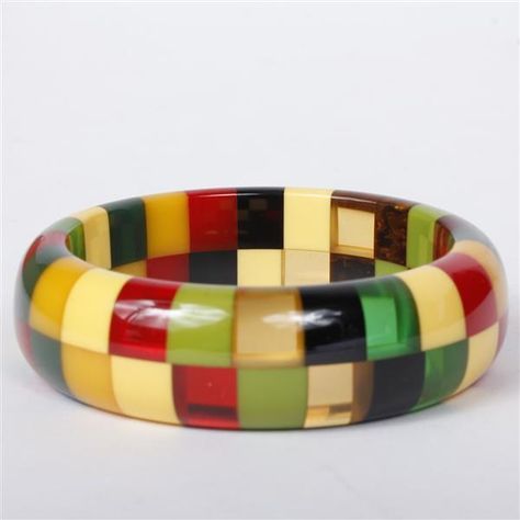 Shultz wide artisan bakelite bangle bracelet with multicolor laminated double row of random squares, signed. Elegant Bakelite Bangle As A Gift, Retro Multicolor Bangle Jewelry, Brown Bakelite Bangle Bracelet, Handmade Retro Bakelite Jewelry, Vintage Bakelite Bangle, Bakelite Bangles, The Row, Decorative Bowls, Bangle Bracelets