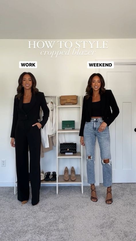 Black Cropped Blazer Outfit, Cropped Blazer Outfit Classy, Workoutfit Workwear, Crop Blazer Outfit, Cropped Blazer Outfit, Cropped Outfits, Black Blazer Outfit, Blazer Outfits Casual, Blazer Outfits For Women